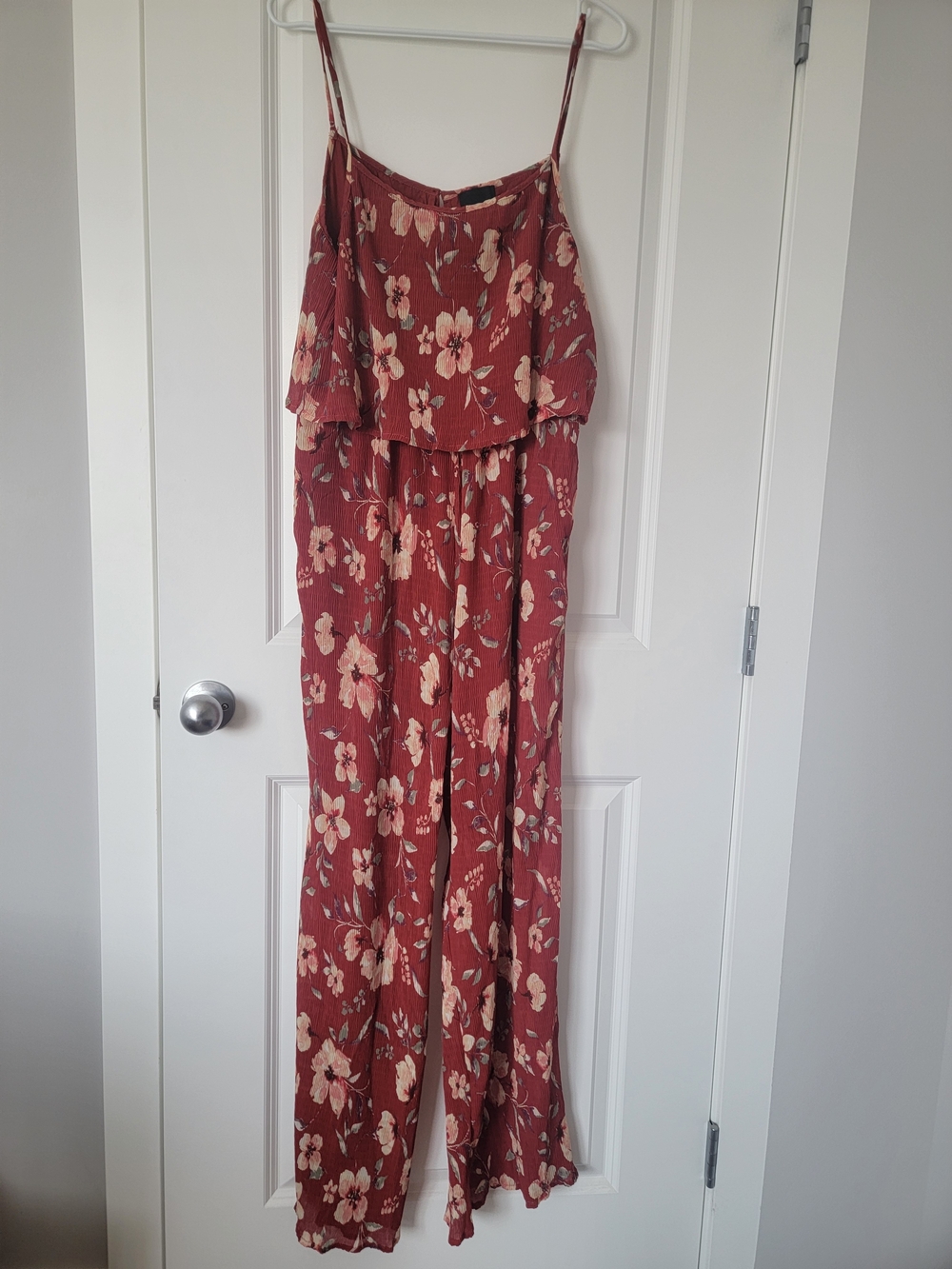 Lumiere Rust Floral Ruffle-Top Wide-Leg Jumpsuit